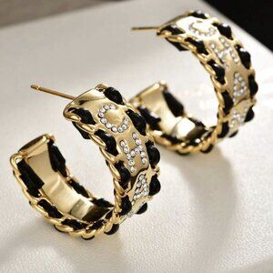 Retro Chanel Gold Hoop Earrings with Black Chain & Crystal Accents